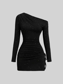 Sweetra New Shiny Fabric Party Evening Elegant Asymmetrical Shoulder Long Sleeve Cinched Waist Ruched Bow Tie Drawstring Side Slit Design Mini Dress - Black - View 3