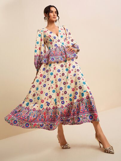 LOTSLUV Women's Early Autumn Holiday Elegant Beige Apricot Floral And Positioned Print V-Neck Long Sleeve Cinched Waist 2 In 1 Printed Dress