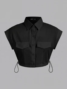 SHEIN ICON Flap Detail Drawstring Side Crop White Shirt - Black - View 1