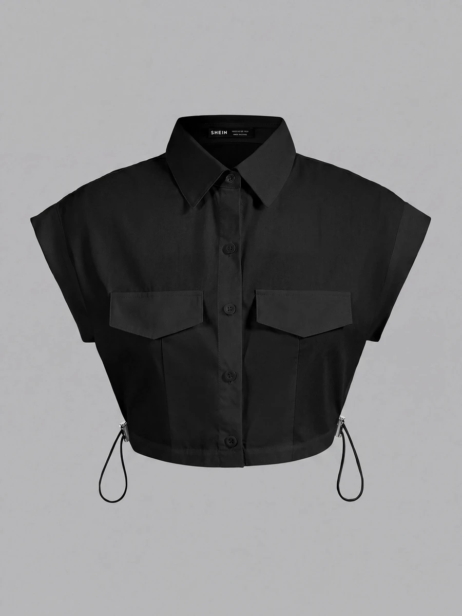 SHEIN ICON Flap Detail Drawstring Side Crop White Shirt - Black - View 1