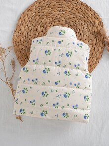 SHEIN 0-3歲女嬰秋冬甜美碎花立領拉鍊背心，抓絨內裡加厚無袖外套 - 彩色 - 查看 2