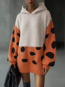 Balvessa Contrast Color Patchwork Large Polka Dot Hooded Drop Shoulder Lantern Long Sleeve Ribbed Hem Loose Minimalist Versatile Slouchy Women's Sweater Dress - Multicolor - View 1