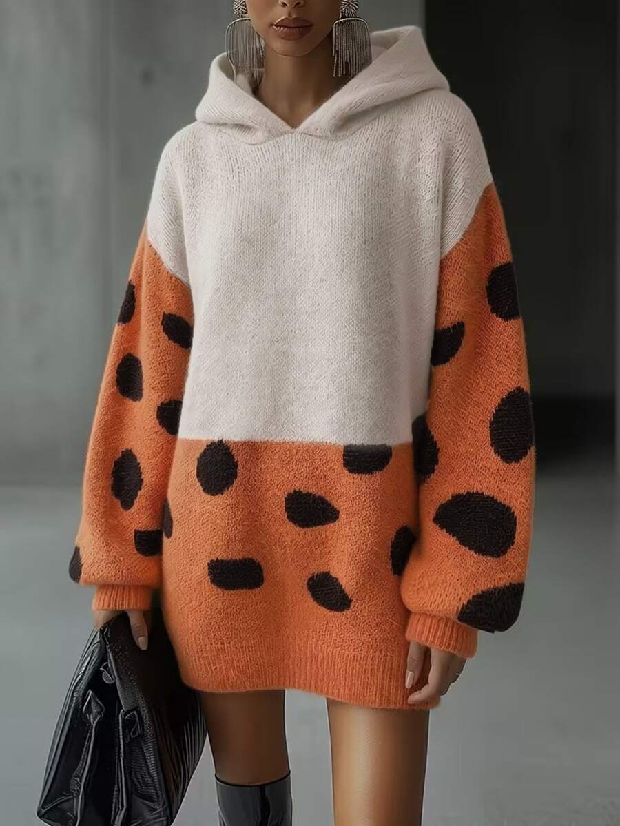 Balvessa Contrast Color Patchwork Large Polka Dot Hooded Drop Shoulder Lantern Long Sleeve Ribbed Hem Loose Minimalist Versatile Slouchy Women's Sweater Dress - Multicolor - View 1