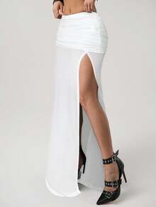 SHEIN ICON Women's High Slit Black Mesh Ruched Waist Sexy Vacation Metallic Decor Long Skirt - White - View 4