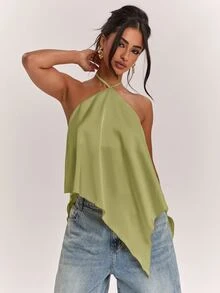 SHEIN BAE Spring/Summer Women's Casual Vacation Halter Neck Backless Asymmetrical Hem Yellow Solid Satin Tank Top, Suitable For Beach Vacation, Beach Holiday, Sister Casual Vacation, Elegant Tank Top, Practical Satin Tank Top, Yellow Satin Tank Top, Elegant Tank Top - Olive Green - View 5