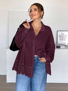 SHEIN Essnce 大尺碼女款純色落肩長袖單排扣寬鬆襯衫 - 玫瑰紅 - 查看 5