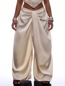 LYSMO Plus Size Fashion Commuter Cocktail Party Date Night Evening Formal Sexy Elegant Solid Color Ruched Wide Leg Pants White Autumn Curve Wedding Fall - Champagne - View 4