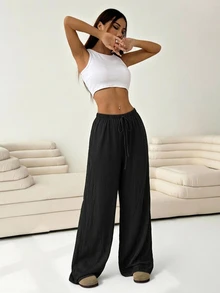 Solflare Plus Size Solid Color Casual Knotted Wide Leg Pants, Linen Wide Leg Pants, Women's Autumn Business Casual Style Fall - Black - View 3