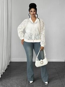Maweii Plus Size Women's Casual Commute Elegant Hollow Lace Long Sleeve Jacket, Autumn Fall - Apricot - View 5