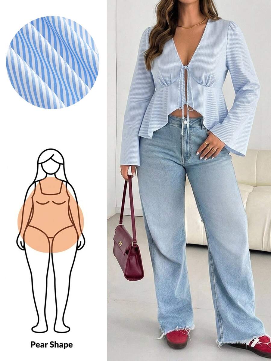 Shapeblank Plus Size Women's Front Tie Ruffle Hem Striped Shirt - Blue - View 1