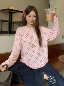 DAZY 女款圓領寬鬆長袖波點長版T恤 - 粉色 - 查看 4