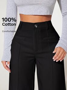 SHEIN PETITE 高腰寬腿夏季長褲 100%純棉 - 黑色 - 查看 5