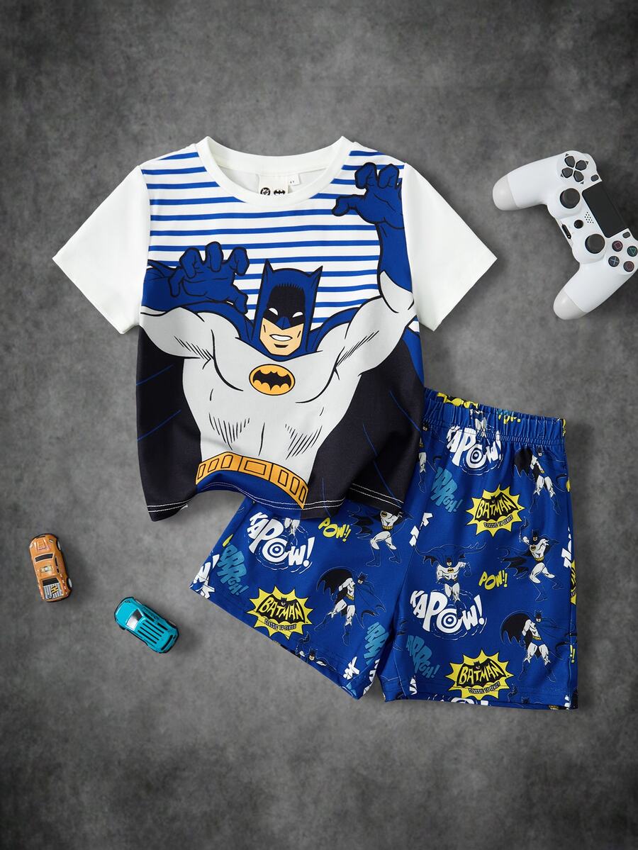 BATMAN X SHEIN Young Boy Striped Short Sleeve Top And Shorts Loungewear Set - Multicolor - View 1