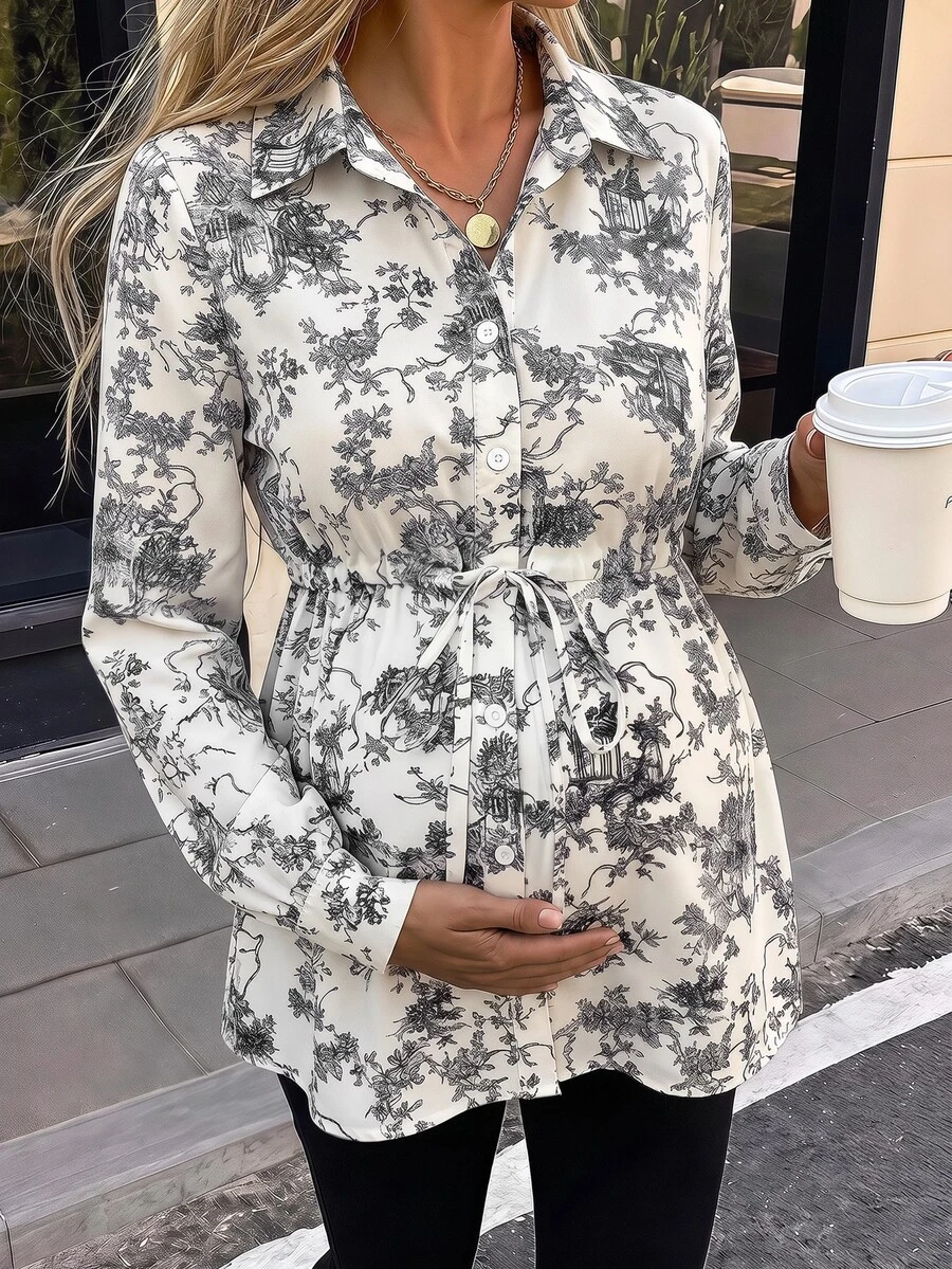 SHEIN 孕婦花卉印花長袖單排扣腰部繫帶襯衫 - 白色 - 查看 1