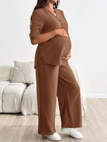 SHEIN Maternity Solid Color Rolled Sleeve Shirt And Pants Casual 2 Pieces Set Fall - Brown - View 3