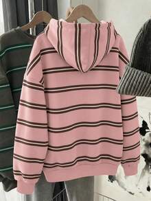 SHEIN EZwear 韓式Y2K休閒時尚百搭粉色與白色條紋圖案運動衫，適合外穿、攝影、露營、日常上學，秋季適用 - 彩色 - 查看 2