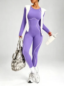 Easithlete Easithlete Women's White & Purple Colorblock Seamless Long Sleeve Yoga Jumpsuit - Purple - View 7