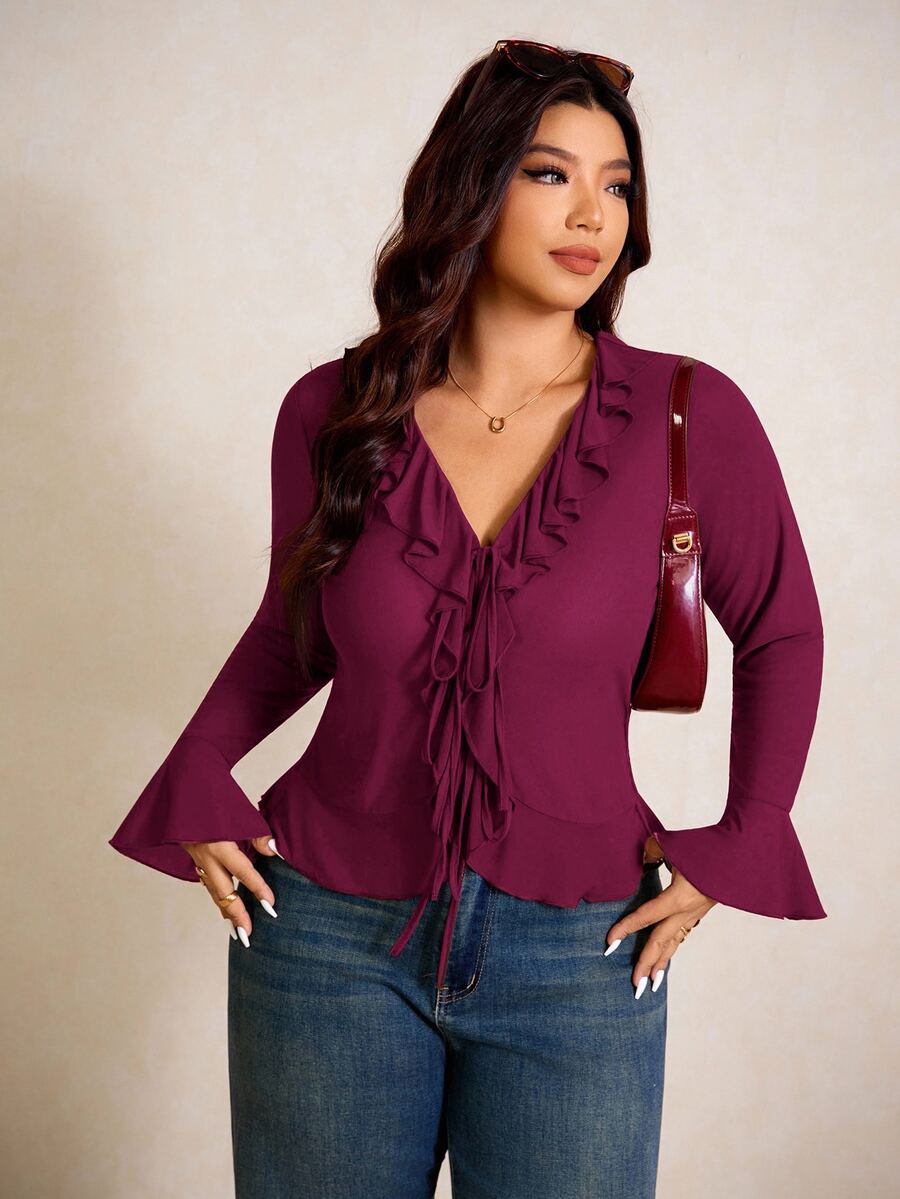 Elaquor Plus Size Women Elegant Solid Color Ruffle Blouse - Red Violet - View 1