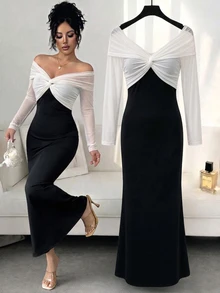 SHEIN Raffinéa Elegant Sexy Off-Shoulder Long Sleeve Fitted Bodycon Dress For Women - Black and White - View 1