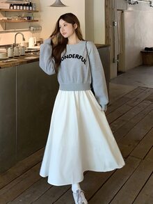 DAZY Gaun Midi Sweatshirt Lengan Panjang 2 in 1 Leher Bulat Wanita untuk Musim Gugur - Grey - View 1