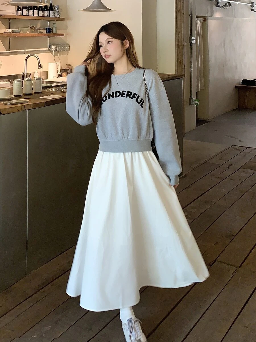 DAZY Gaun Midi Sweatshirt Lengan Panjang 2 in 1 Leher Bulat Wanita untuk Musim Gugur - Grey - View 1