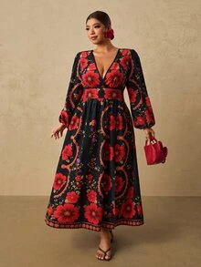 Travachic Plus Size Women's Black & Red Floral Print Long Dress, Long Sleeve V-Neck Front Slit Romantic Dress - Black - View 6