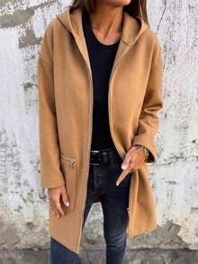 Balvessa Casual Commute Elegant Daily Wear Loose Fit Long Thigh Length Hooded Jacket With Pockets Camel Color Spring Autumn Winter Long Sleeve Zipper Pockets - Camel - View 2
