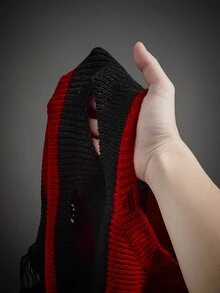 SHEIN ICON Fall Women's Autumn Halloween Red And Black Goth Devil Girl Fashion Colorblock Striped Distressed Sweater - Multicolor - View 9