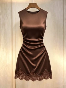 Muvela Women's  Elegant Lace Patchwork Sleeveless Short Dress,Fall/Winter  Elegant Formal  Business Chic  Back To School   Homecoming  New Year   Party - Brown - View 4