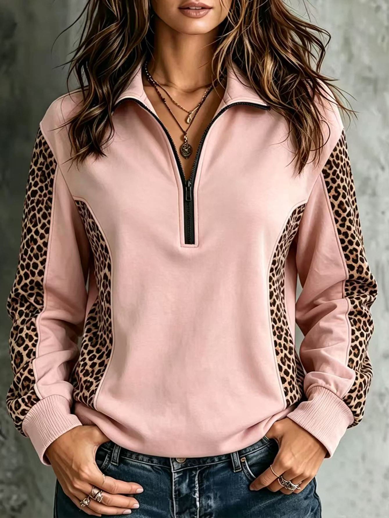 EMERY ROSE Sweatshirt Lengan Panjang Kasual Wanita Motif Leopard Patchwork