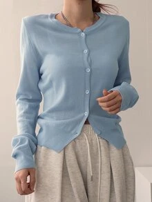 DAZY Women's Solid Color Sweet Button Tie Long Sleeve Knit Cardigan Fall - Blue - View 8