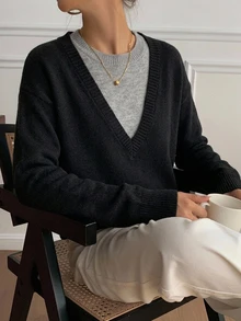DAZY 女款寬鬆拼接色亨利領上衣，2合1柔軟針織毛衣 - 黑色 - 查看 6