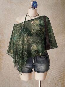 SHEIN ICON 大尺碼女款不對稱肩全印花休閒百搭日常上衣 - 彩色 - 查看 1