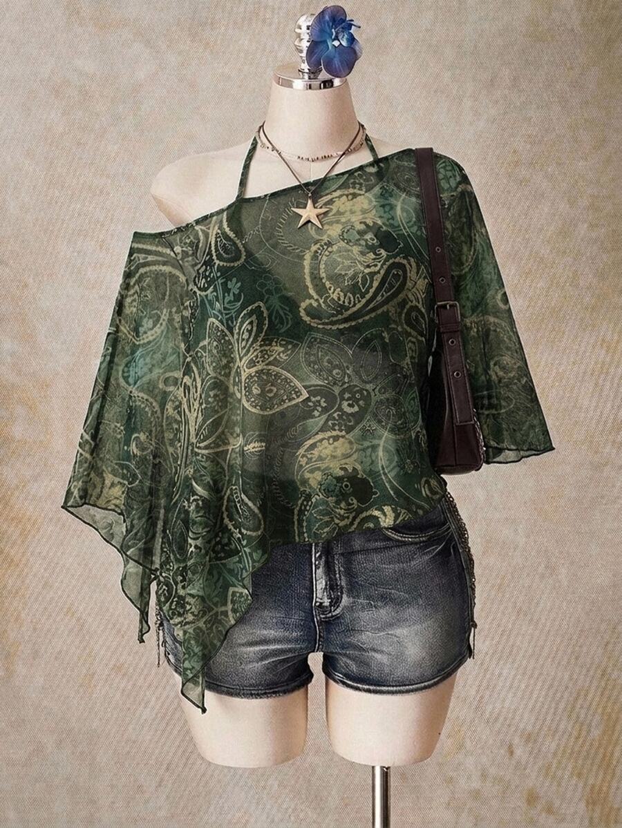 SHEIN ICON 大尺碼女款不對稱肩全印花休閒百搭日常上衣 - 彩色 - 查看 1