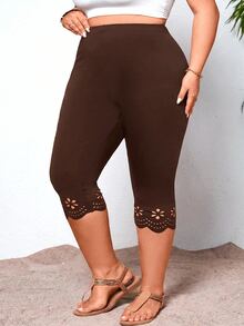 SHEIN CURVE+ Plus Size Women's Black Hollow Out Tight-Fitting Leggings - Brown - View 8