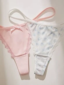 SHEIN 3件組女款前綴蝴蝶結蕾絲拼接花卉圖案丁字褲 - 彩色 - 查看 5