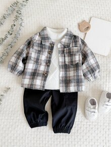SHEIN Vintaside Kids 2件組男嬰外套式襯衫與工裝長褲套裝，復古咖啡白格紋印花，口袋鈕扣設計，長袖領口，加厚戶外秋冬聖誕假期學院風 - 黑色 - 查看 3