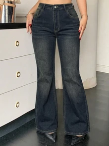 Dazy Plus Distressed Washed Slim Fit Flare Leg Jeans With Pockets, Elegant Stretch Skinny Denim Pants Fall - Dark Wash - View 3