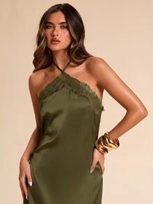SHEIN BAE 春夏純色咖啡棕蕾絲掛脖緞面垂墜洋裝，浪漫約會、海灘度假、婚禮雞尾酒洋裝 - 軍綠色 - 查看 6