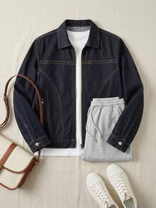 DAZY Spring/Autumn Long Sleeve Deconstructed Patchwork Navy Blue Raw Denim Men's Denim Jacket - Navy Blue - View 3