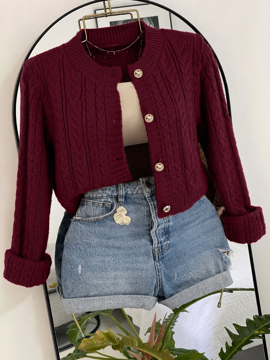Franclia Caramel Cable Knit Cardigan, Round Neck Pearl Button Short Vintage Soft Style Sweater - Burgundy - View 1