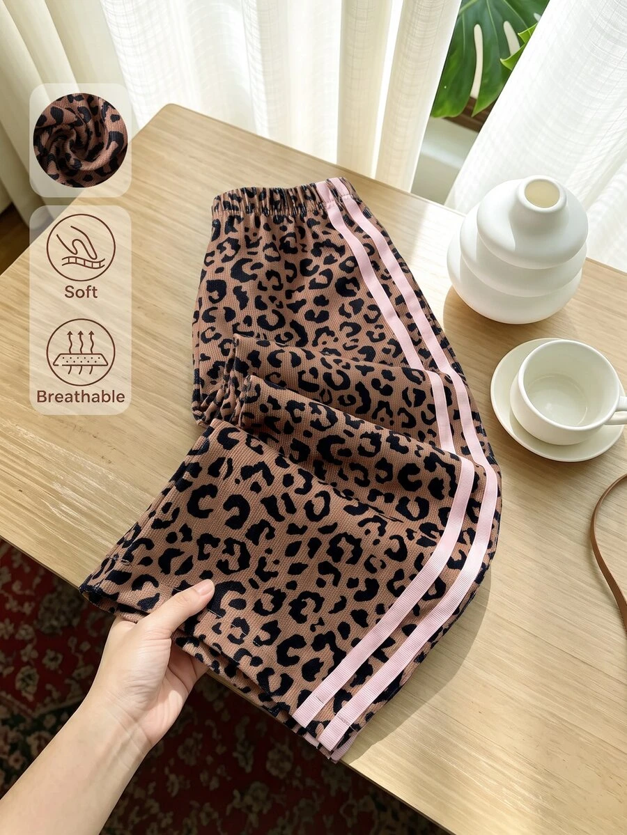 SHEIN Playful Pals 女童燈芯絨豹紋撞色織帶飾邊極簡時尚長褲