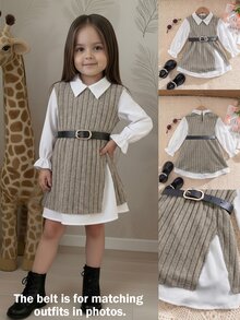 SHEIN Young Girls Autumn/Winter Cute Colorblock Faux Two-Piece White Long Sleeve Dress - 杏色 - 查看 3