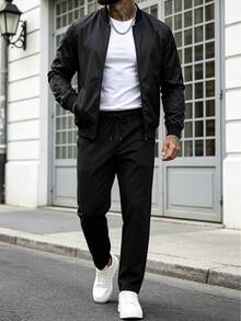 EGENSIO 男士極簡風拉鍊長袖夾克與抽繩腰口袋長褲套裝 - 黑色 - 查看 2