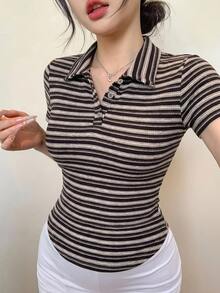 DAZY 夏季女款 Polo 衫，領口短袖修身條紋顯瘦休閒通勤日常街頭風 T-shirt Y2K - 紫色 - 查看 4