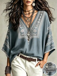 Glimmora 波希米亞風仿刺繡花卉印花女款上衣，寬鬆V領蝙蝠袖七分袖襯衫，休閒度假旅行鄉村與海灘穿搭衫 - 彩色 - 查看 1