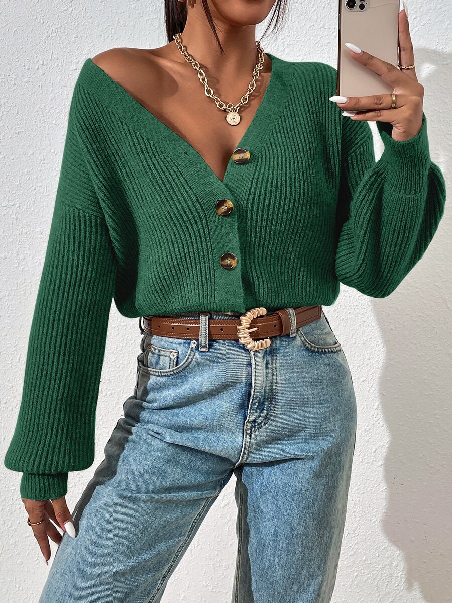 SHEIN LUNE 休閒百搭極簡純色開襟羊毛衫 - 綠色 - 查看 1