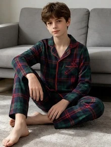 Tween Boys' Red Green Black Classic Plaid Long Sleeve Long Pants Button-Up Lapel Pajama Set Loungewear - Multicolor - View 8
