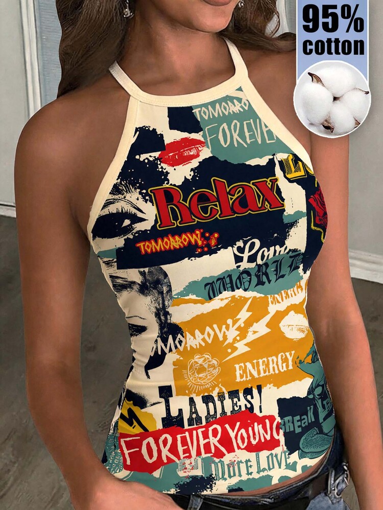 Slaydiva New Summer Women's Fitted Halter Neck Tank Top/Y2k/Loungewear/Going Out/Back To School/Daily/Streetwear/Holiday/95%Cotton/Retro Patchwork Print - Multicolor - View 3