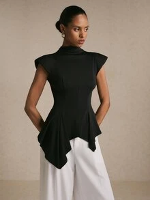 Poéselle Women's Black Stand Collar Cap Sleeve Asymmetric Hem Fashion T-Shirt,Chic Top,Elegant Women's Blouses,Work Outfits,Casual Blouses,Gothic,Fall/Winter - Black - View 4